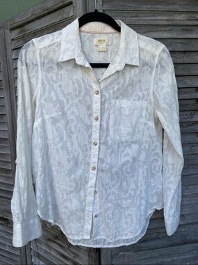 Maeve White Sheer Damask Button-Up Blouse